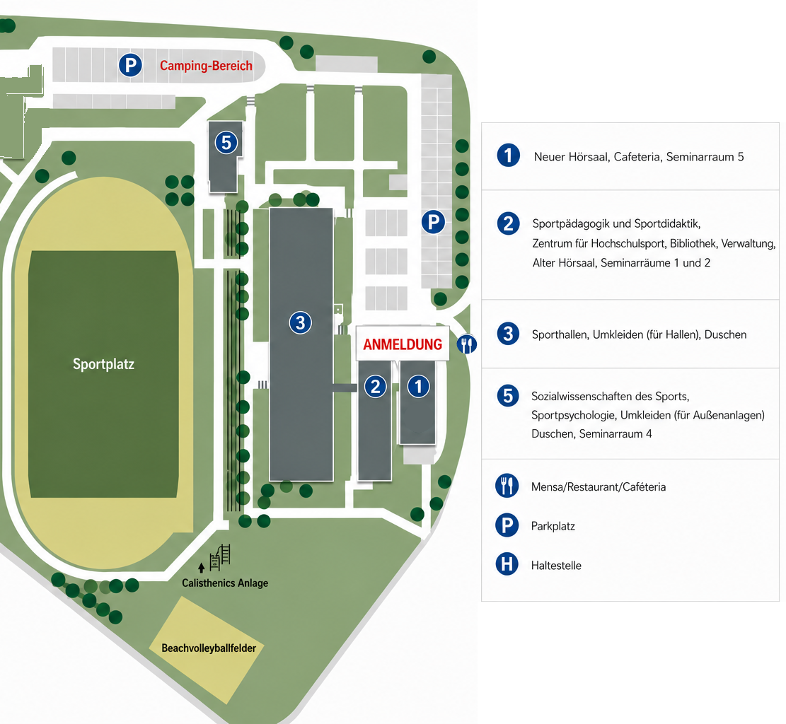 Campusplan des Instituts f&uuml;r Sportwissenschaften in Frankfurt-Ginnheim mit Hallen, Schwimmbad und Leichtathletikbahn